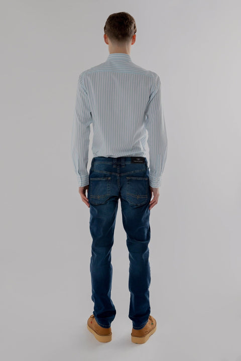 Long Sleeve Slim Fit Stripe Shirt in Blue & White Colour - Toplook London
