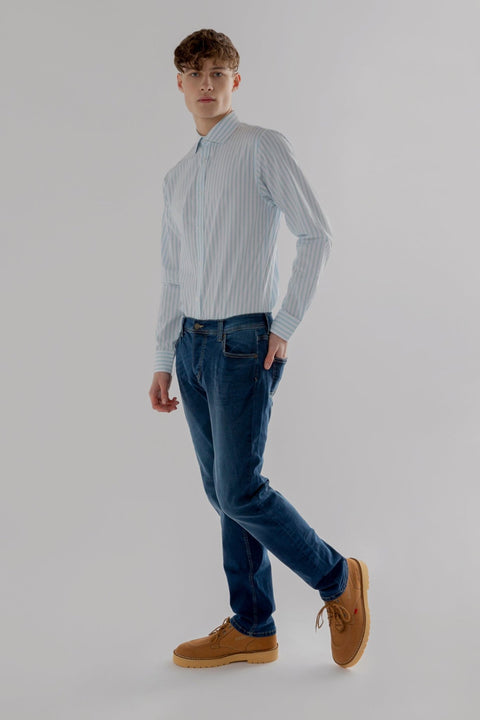 Long Sleeve Slim Fit Stripe Shirt in Blue & White Colour - Toplook London
