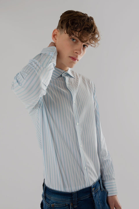 Long Sleeve Slim Fit Stripe Shirt in Blue & White Colour - Toplook London
