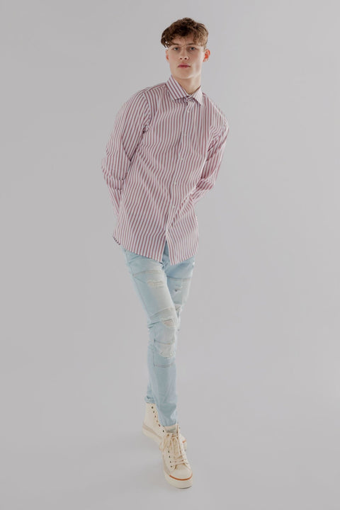 Long Sleeve Slim Fit Stripe Shirt in Burgundy & White Colour - Toplook London