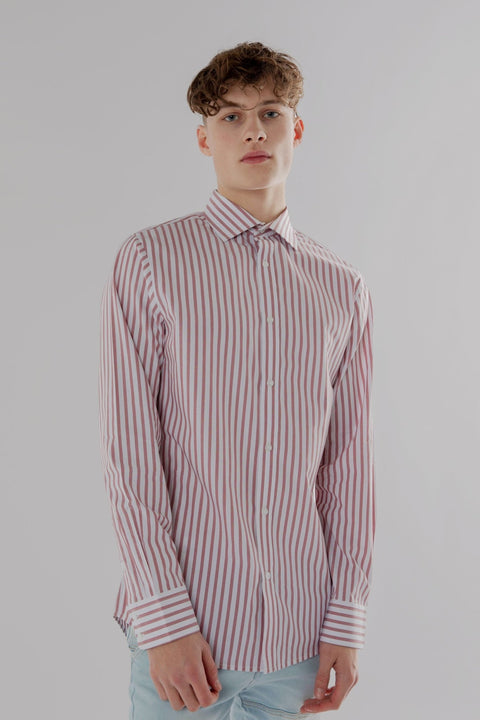 Long Sleeve Slim Fit Stripe Shirt in Burgundy & White Colour - Toplook London