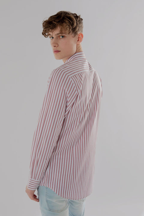 Long Sleeve Slim Fit Stripe Shirt in Burgundy & White Colour - Toplook London