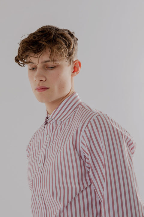 Long Sleeve Slim Fit Stripe Shirt in Burgundy & White Colour - Toplook London