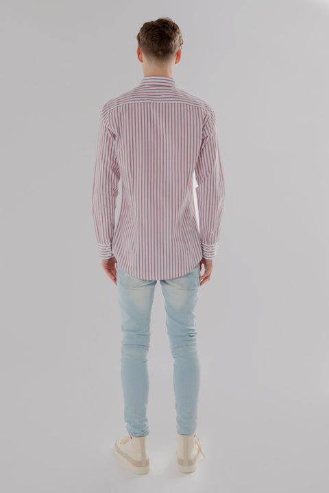 Long Sleeve Slim Fit Stripe Shirt in Burgundy & White Colour - Toplook London