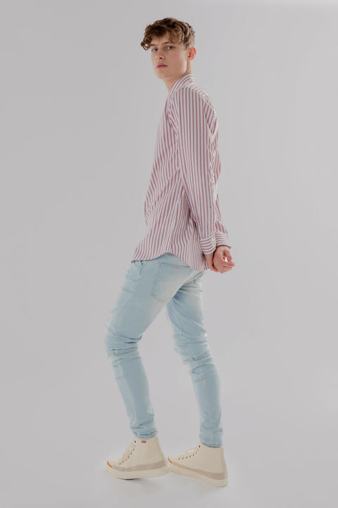 Long Sleeve Slim Fit Stripe Shirt in Burgundy & White Colour - Toplook London