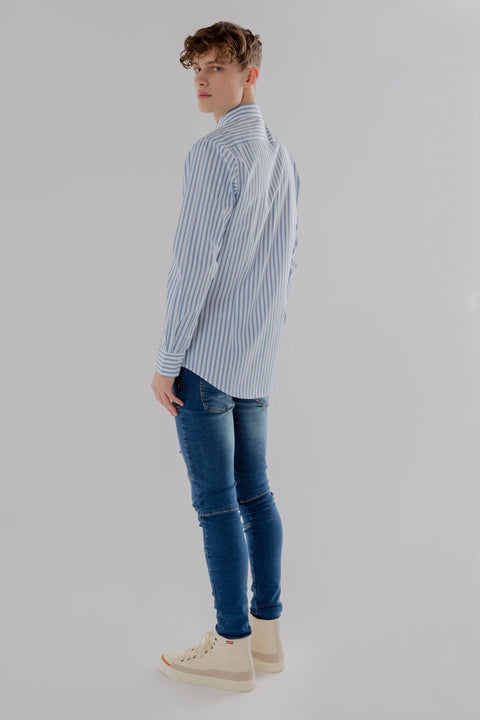 Long Sleeve Slim Fit Stripe Shirt in Dark Blue & White Colour - Toplook London