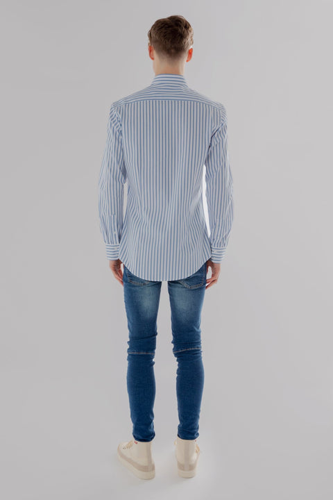 Long Sleeve Slim Fit Stripe Shirt in Dark Blue & White Colour - Toplook London