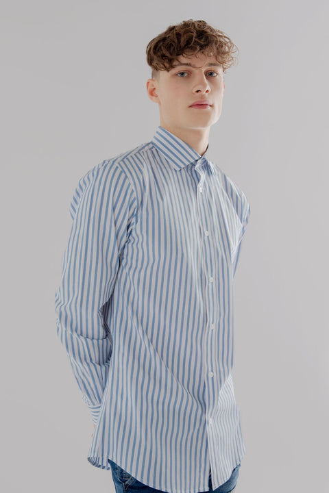 Long Sleeve Slim Fit Stripe Shirt in Dark Blue & White Colour - Toplook London