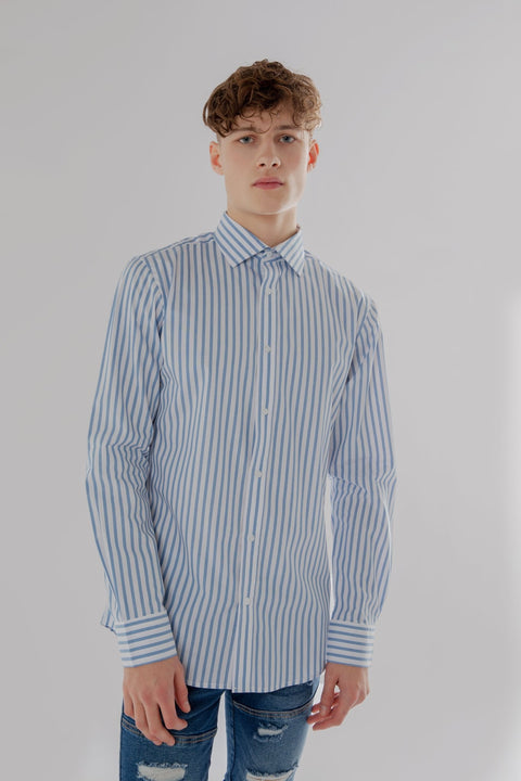 Long Sleeve Slim Fit Stripe Shirt in Dark Blue & White Colour - Toplook London