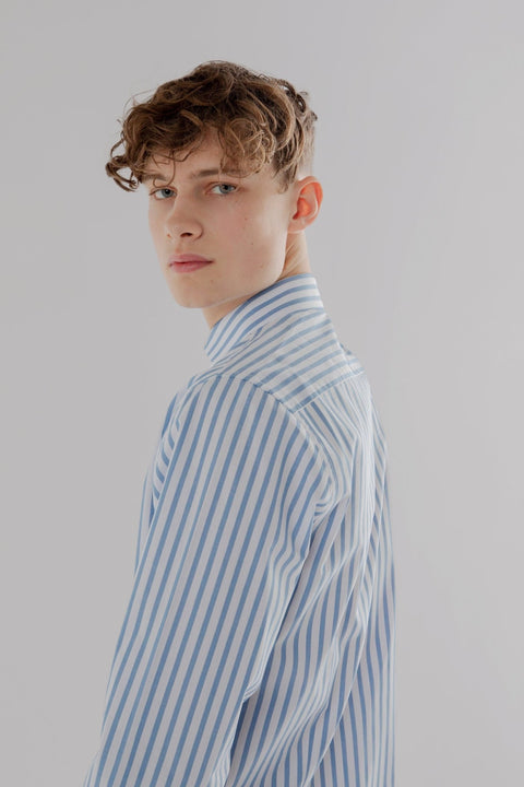 Long Sleeve Slim Fit Stripe Shirt in Dark Blue & White Colour - Toplook London