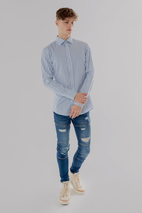 Long Sleeve Slim Fit Stripe Shirt in Dark Blue & White Colour - Toplook London