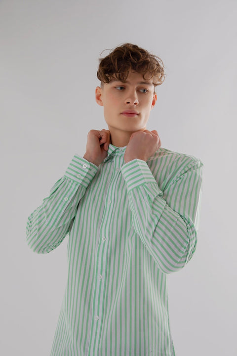 Long Sleeve Slim Fit Stripe Shirt in Green & White Colour - Toplook London