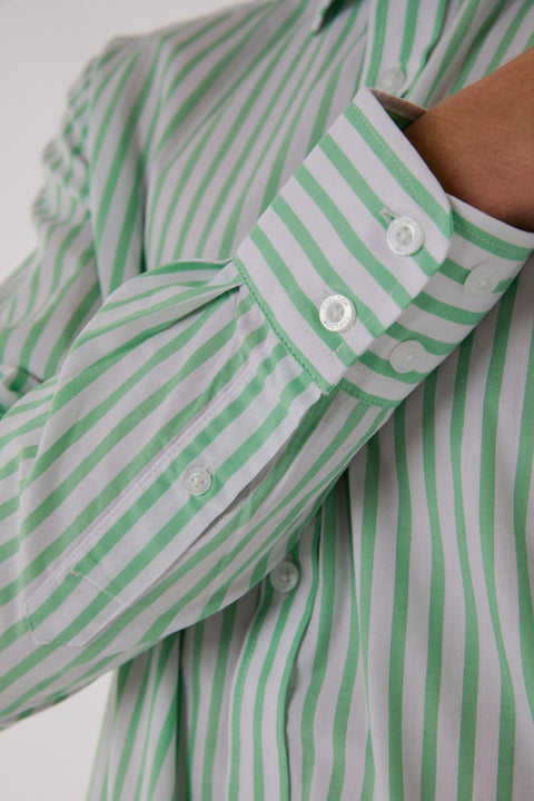 Long Sleeve Slim Fit Stripe Shirt in Green & White Colour - Toplook London