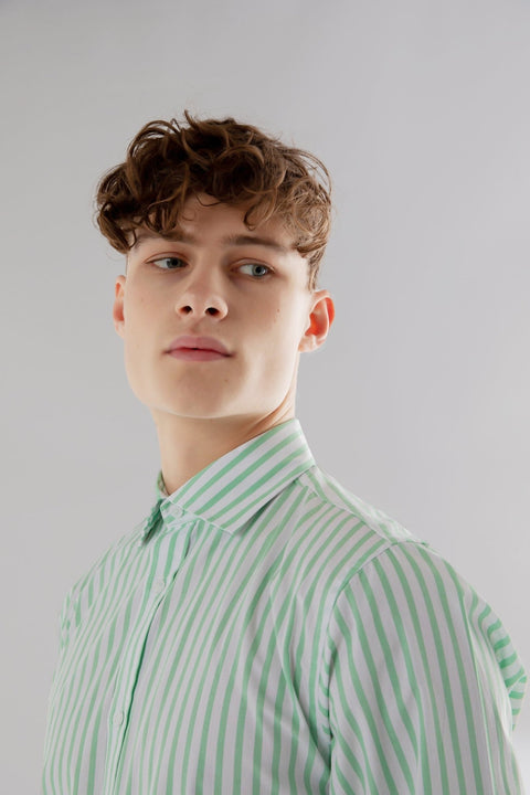 Long Sleeve Slim Fit Stripe Shirt in Green & White Colour - Toplook London