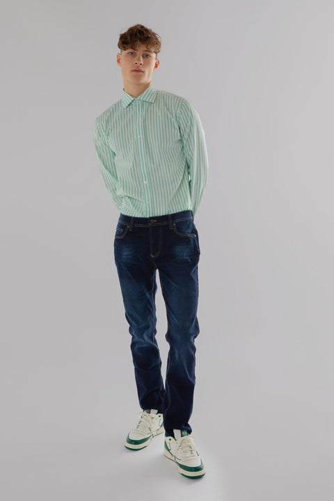 Long Sleeve Slim Fit Stripe Shirt in Green & White Colour - Toplook London