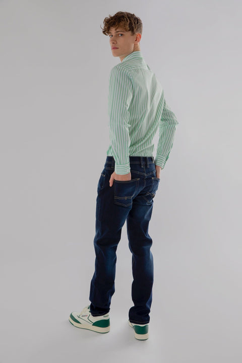 Long Sleeve Slim Fit Stripe Shirt in Green & White Colour - Toplook London