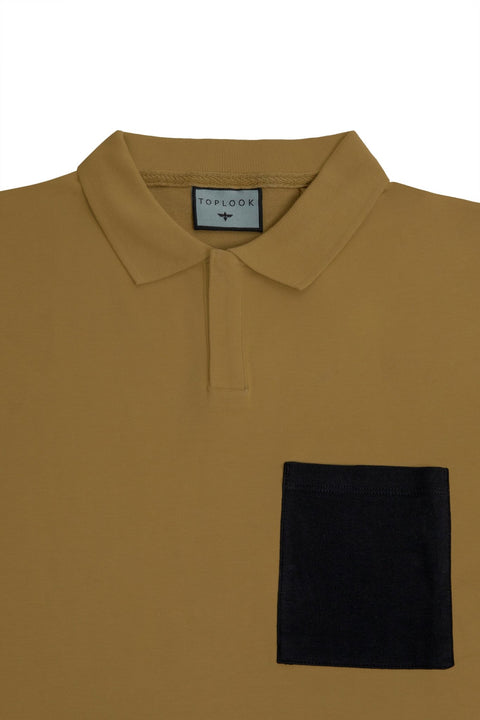 Long-Sleeved Polo Shirt with Pocket in khaki - Toplook London