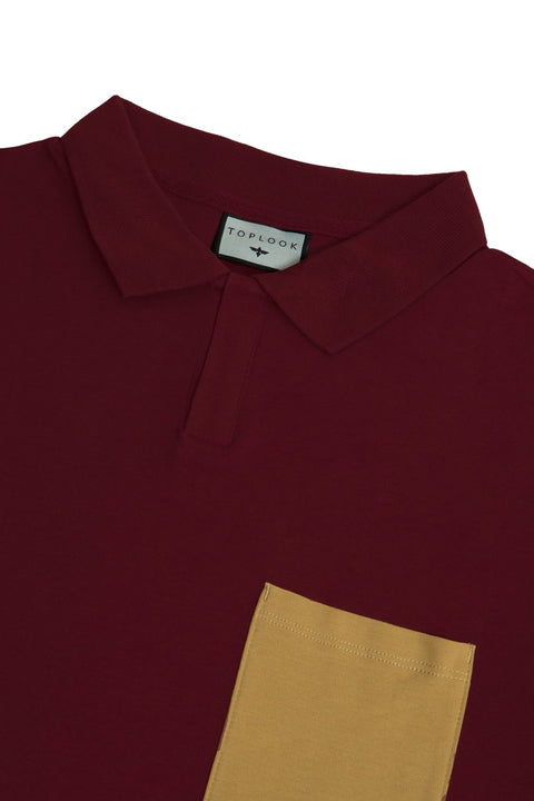 Long-Sleeved Polo Shirt with Pocket in wine - Toplook London
