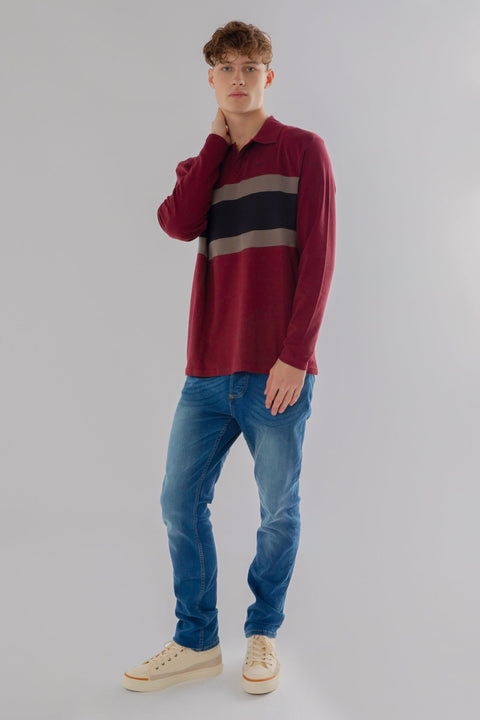 Long-Sleeved Polo Striped Polo Shirt in wine - Toplook London