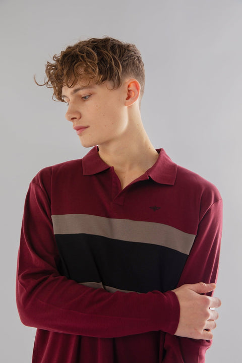 Long-Sleeved Polo Striped Polo Shirt in wine - Toplook London