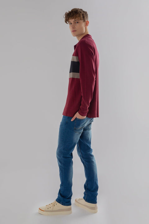 Long-Sleeved Polo Striped Polo Shirt in wine - Toplook London