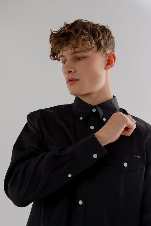 Long-Sleeved Shirt With Patch pockets in Black Colour - Toplook London