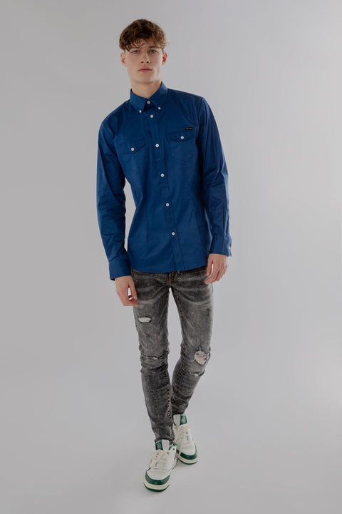 Long-Sleeved Shirt With Two Patch pockets in Navy Colour - Toplook London