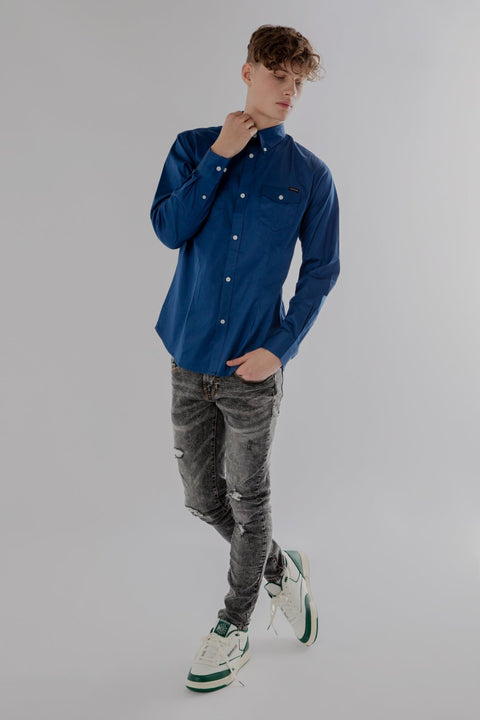 Long-Sleeved Shirt With Two Patch pockets in Navy Colour - Toplook London