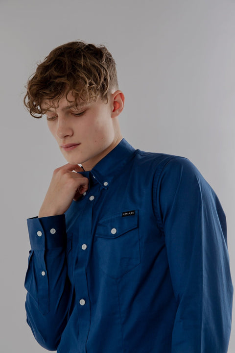 Long-Sleeved Shirt With Two Patch pockets in Navy Colour - Toplook London