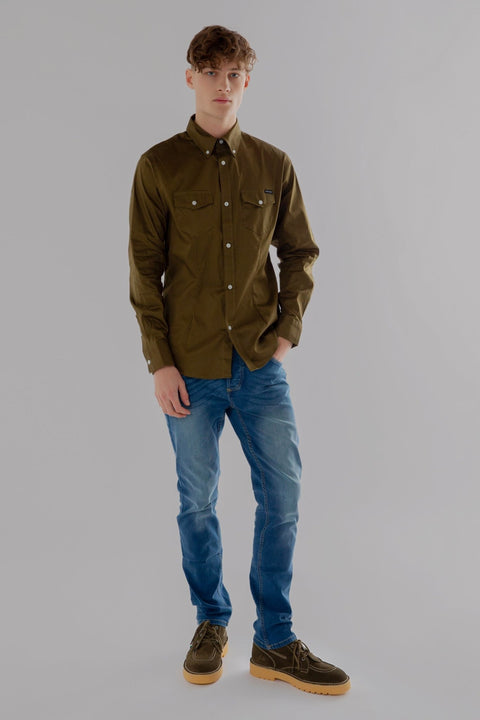 Long-Sleeved Shirt With Two Patch pockets in Olive Colour - Toplook London