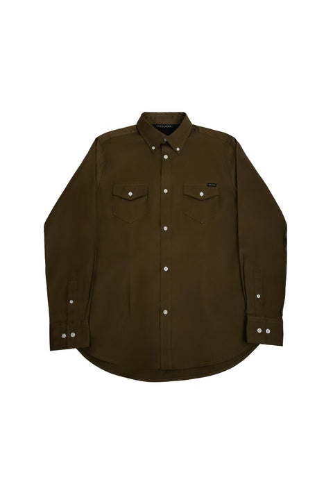 Long-Sleeved Shirt With Two Patch pockets in Olive Colour - Toplook London