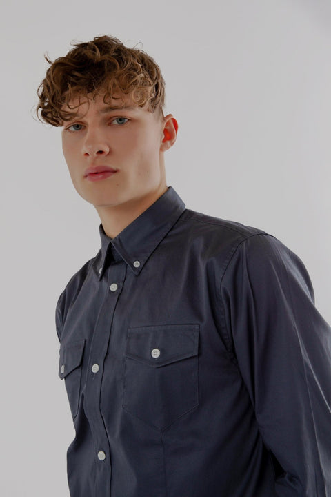 Long-Sleeved Shirt with Two Patch Pockets in ombre blue Colour - Toplook London