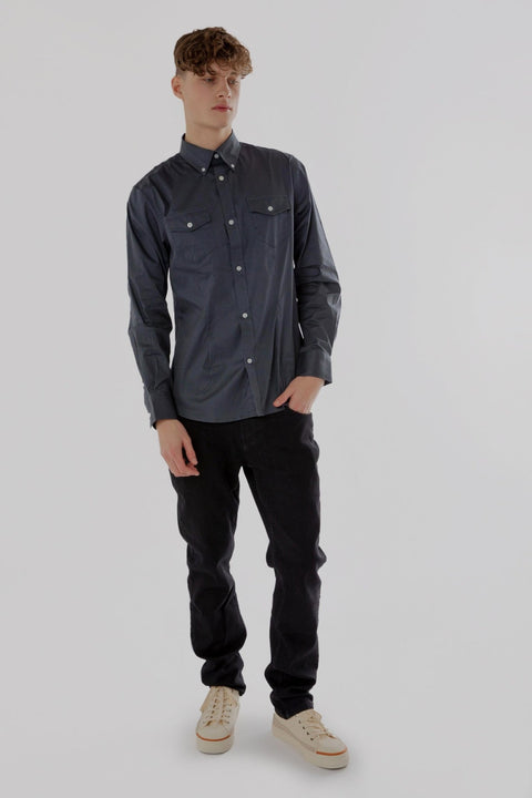 Long-Sleeved Shirt with Two Patch Pockets in ombre blue Colour - Toplook London