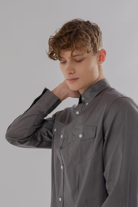 Long-Sleeved Shirt with Two Patch Pockets in pearl blue Colour - Toplook London