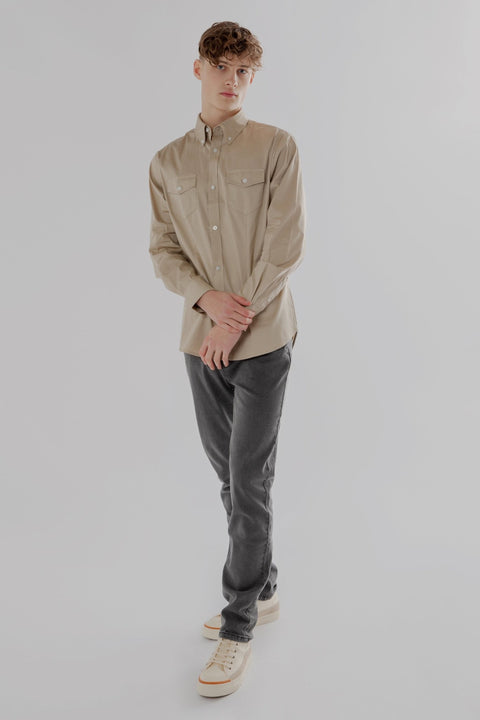 Long-Sleeved Shirt with Two Patch Pockets in plaza taupe Colour - Toplook London
