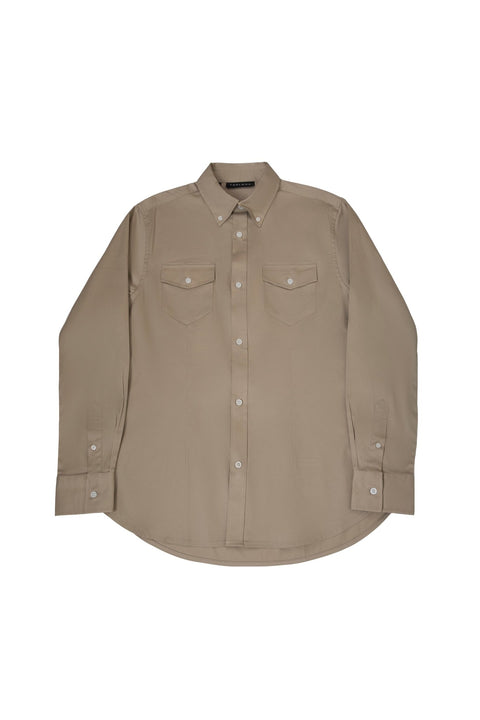 Long-Sleeved Shirt with Two Patch Pockets in plaza taupe Colour - Toplook London