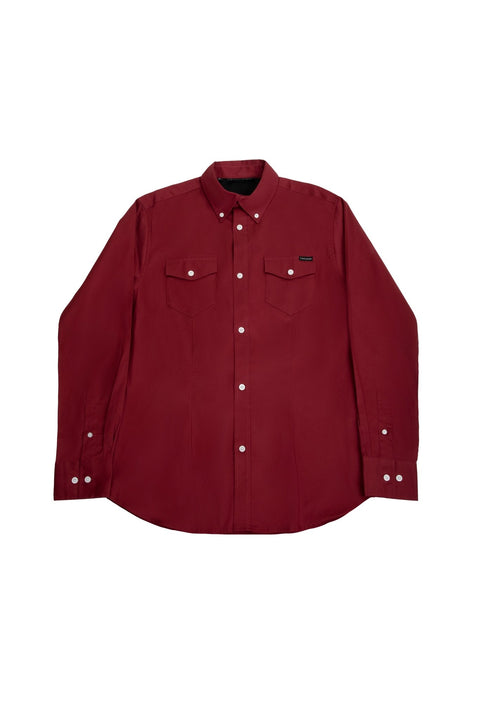 Long-Sleeved Shirt With Two Patch pockets in Ruby Wine Colour - Toplook London