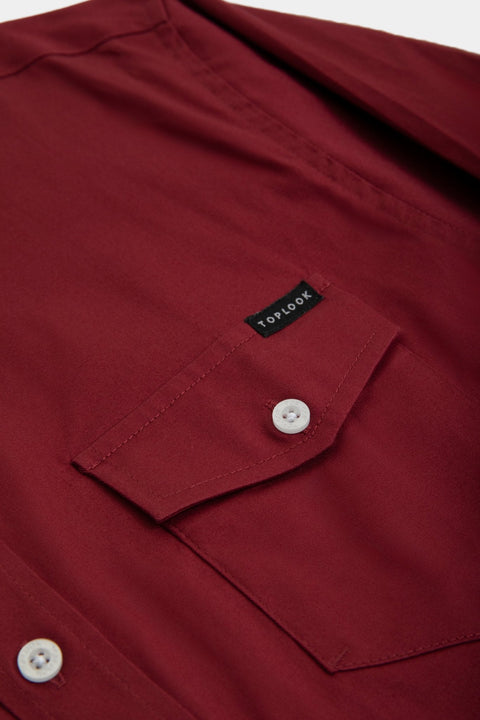 Long-Sleeved Shirt With Two Patch pockets in Ruby Wine Colour - Toplook London