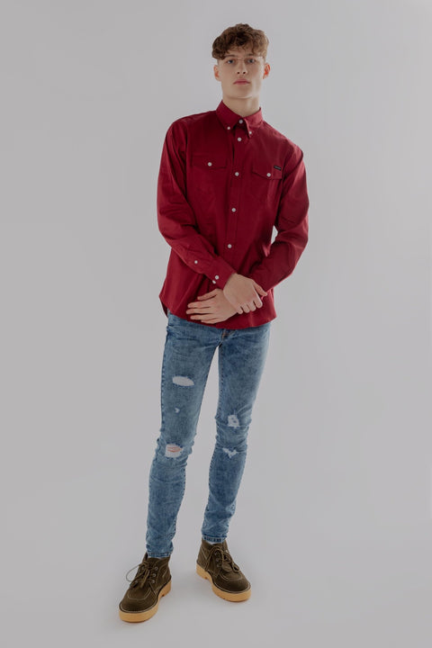 Long-Sleeved Shirt With Two Patch pockets in Ruby Wine Colour - Toplook London