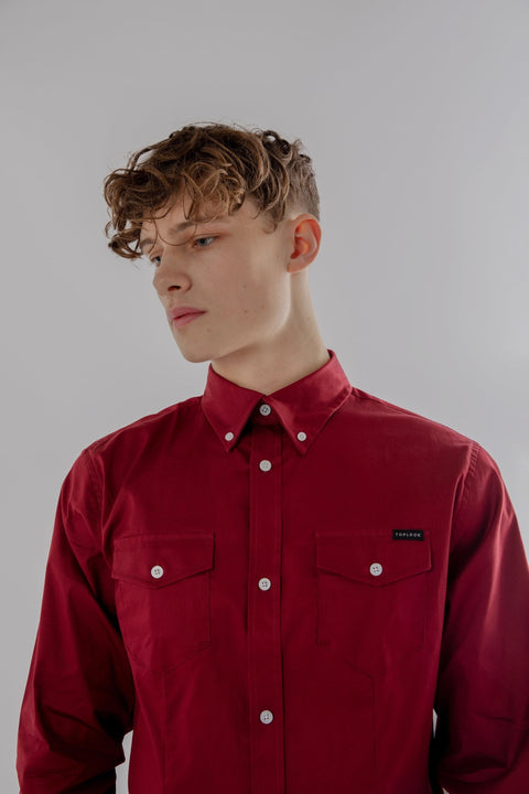 Long-Sleeved Shirt With Two Patch pockets in Ruby Wine Colour - Toplook London