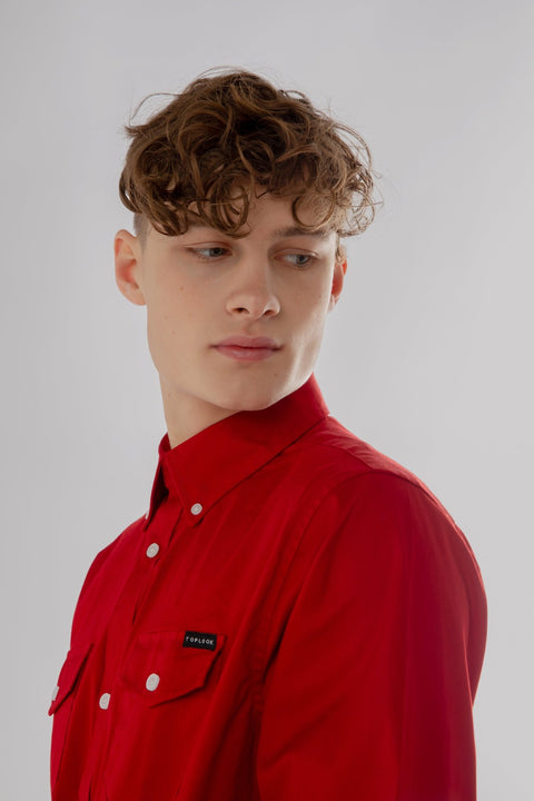 Long-Sleeved Shirt With Two Patch pockets in Savvy Red Colour - Toplook London
