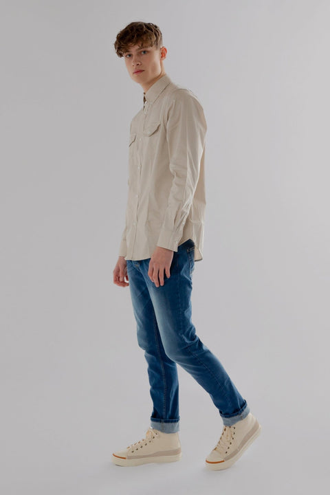 Long-Sleeved Shirt with Two Patch Pockets in volcanic glass Colour - Toplook London