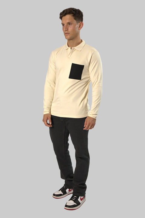 Men's Long-Sleeve Casual Fashion Polo Shirt with Pocket, Cloud Cream - Toplook London