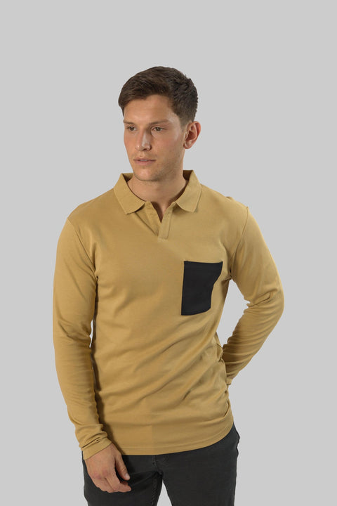 Men's Long-Sleeve Casual Fashion Polo Shirt with Pocket, Khaki - Toplook London