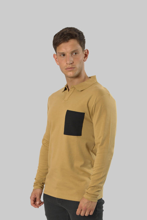 Men's Long-Sleeve Casual Fashion Polo Shirt with Pocket, Khaki - Toplook London