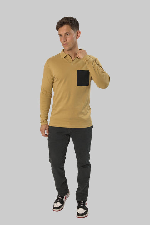 Men's Long-Sleeve Casual Fashion Polo Shirt with Pocket, Khaki - Toplook London