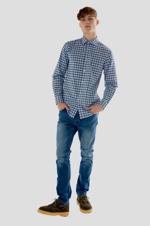 Men's Pure Cotton Classic Fit Oxford Check Shirt, Navy White - Toplook London