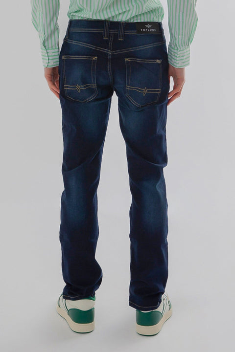 Men's Regular Fit Flex Waist Straight Leg Jean, Dark Blue - Toplook London