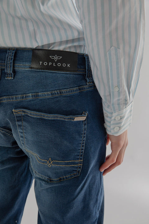 Men's Regular Fit Flex Waist Straight Leg Jean, Medium Blue - Toplook London