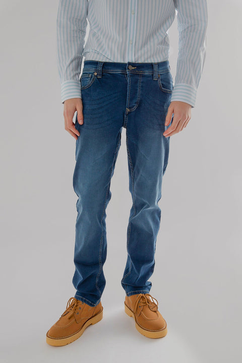 Men's Regular Fit Flex Waist Straight Leg Jean, Medium Blue - Toplook London